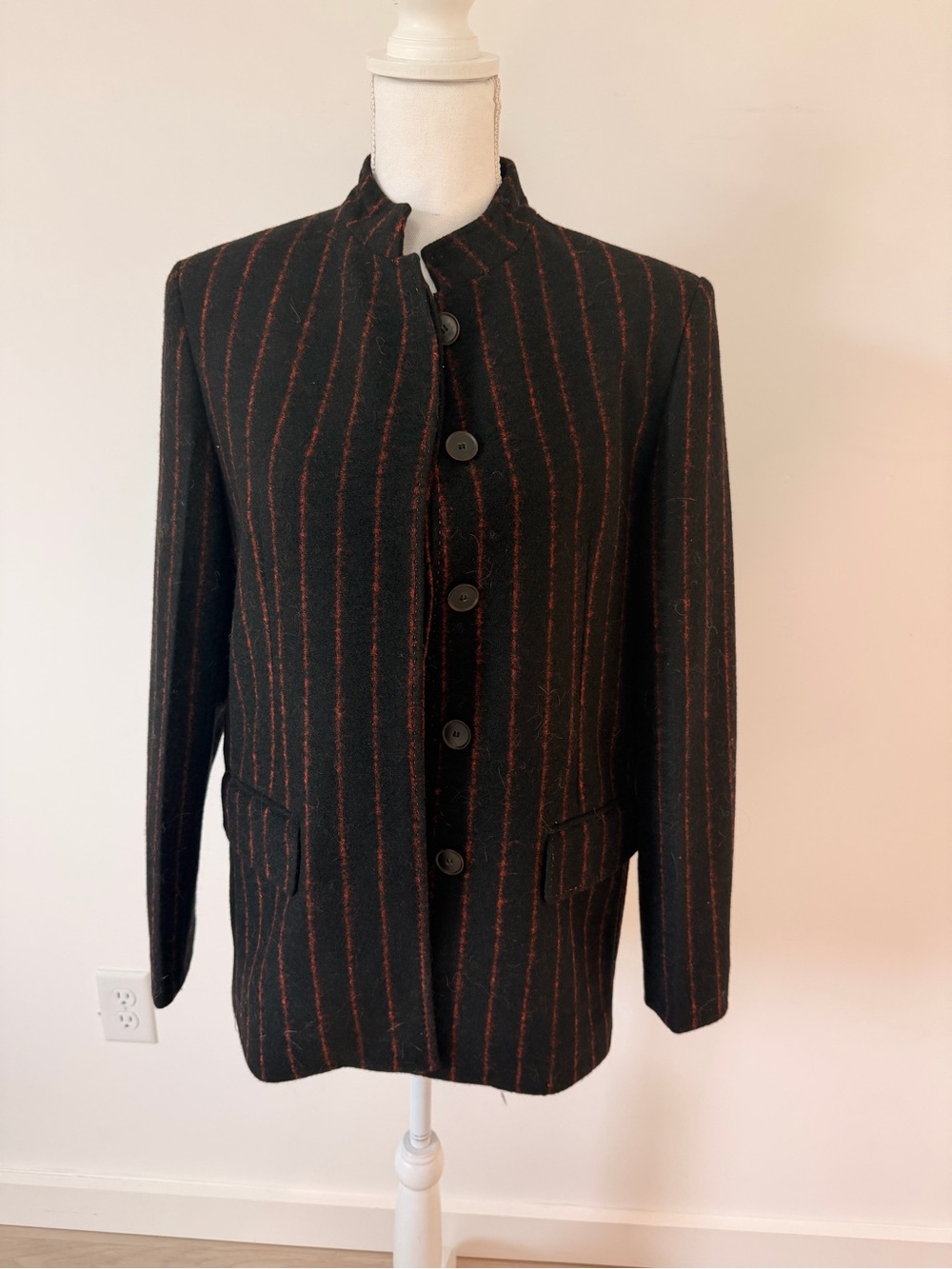 NWT Zara Wool Black Jacket with Pinstripes and Stand Collar Size M